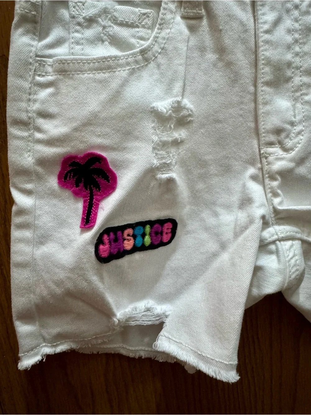 Justice Girls White Denim Shorts with Colorful Patch Accents